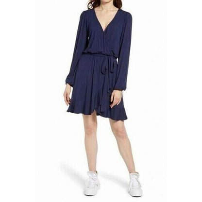 BP. Long Sleeve Faux Wrap V-Neck Casual Dress Size Medium Navy Blue Salute NWT