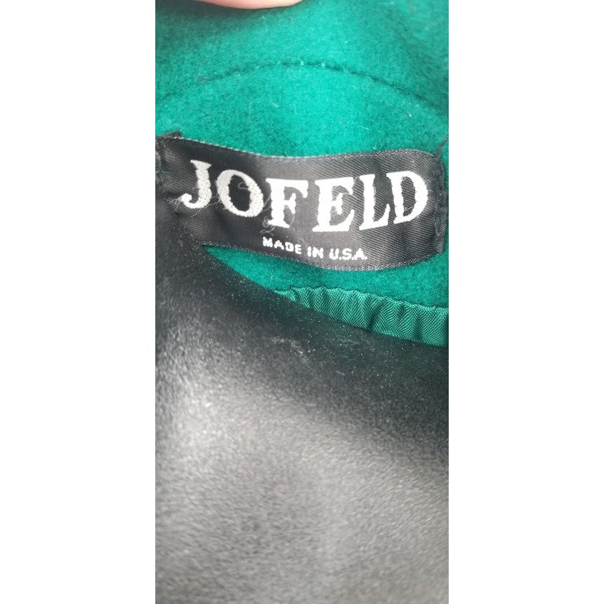 Vintage Jofeld Green Wool Trench Coat Jacket Pock Brass Button Long Sleeve L/XL