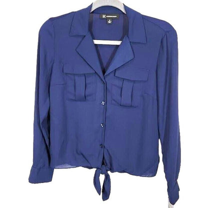 I.N.C. Button-Up Tie-Front Long Sleeve Blouse Top Sz Petite Small/PS in Navy NWT