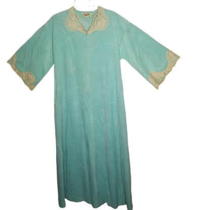 Vanity Fair VINTAGE ROBE Lace detail 3/4 Sleeve V-Neck Front Zip Teal Size Small
