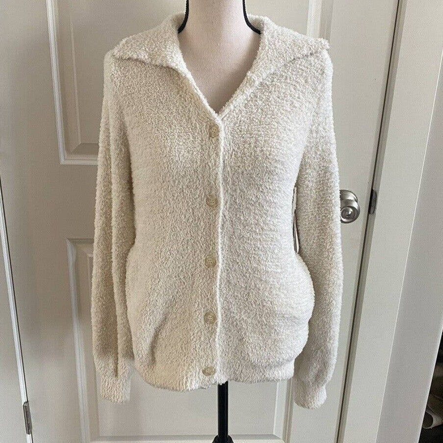 Susina Fuzzy Large Cream button up long sleeved sweater collar Ivory Dove NEW