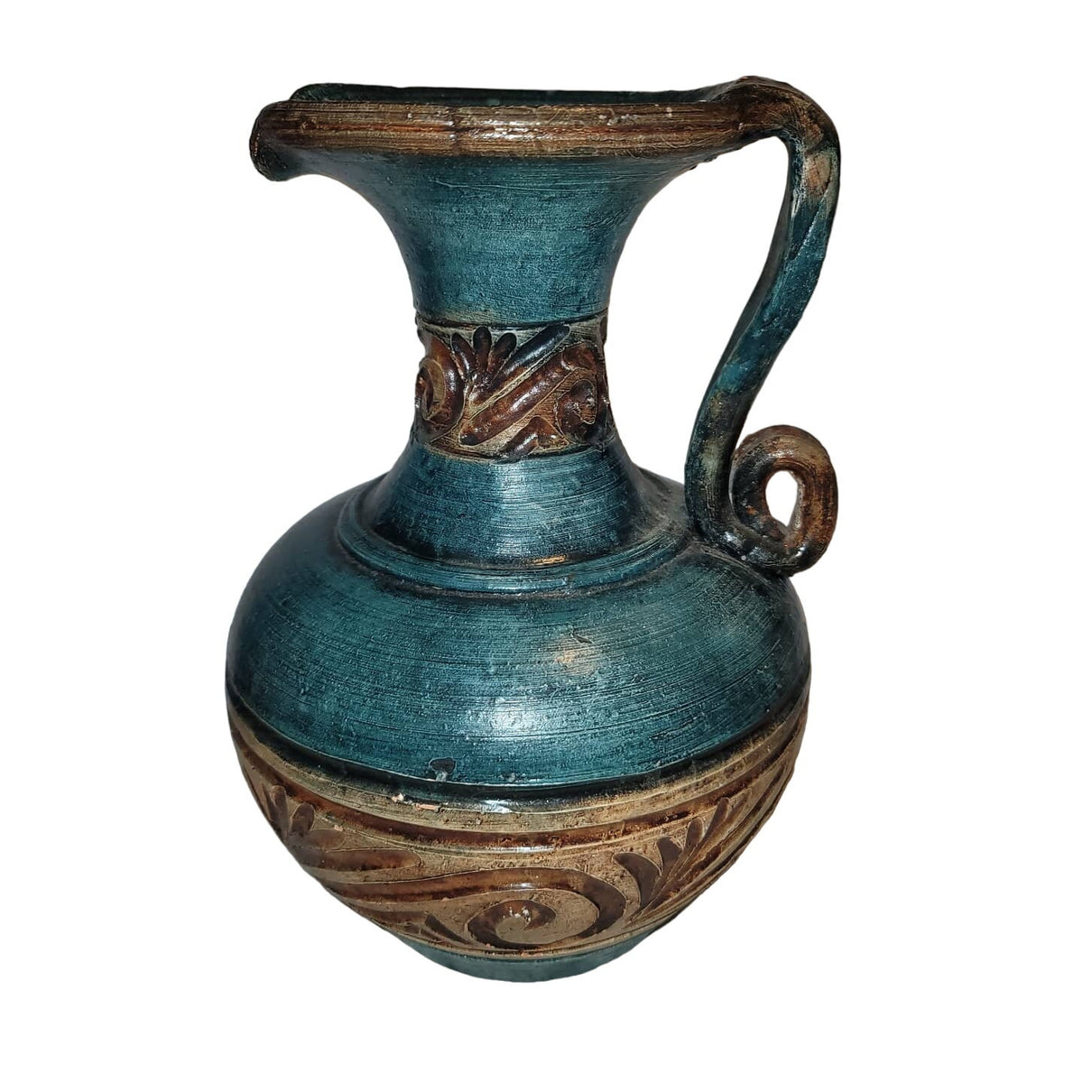 Mexican clay pottery ewer pitcher Teal Gold green Large 12" Tall heavy