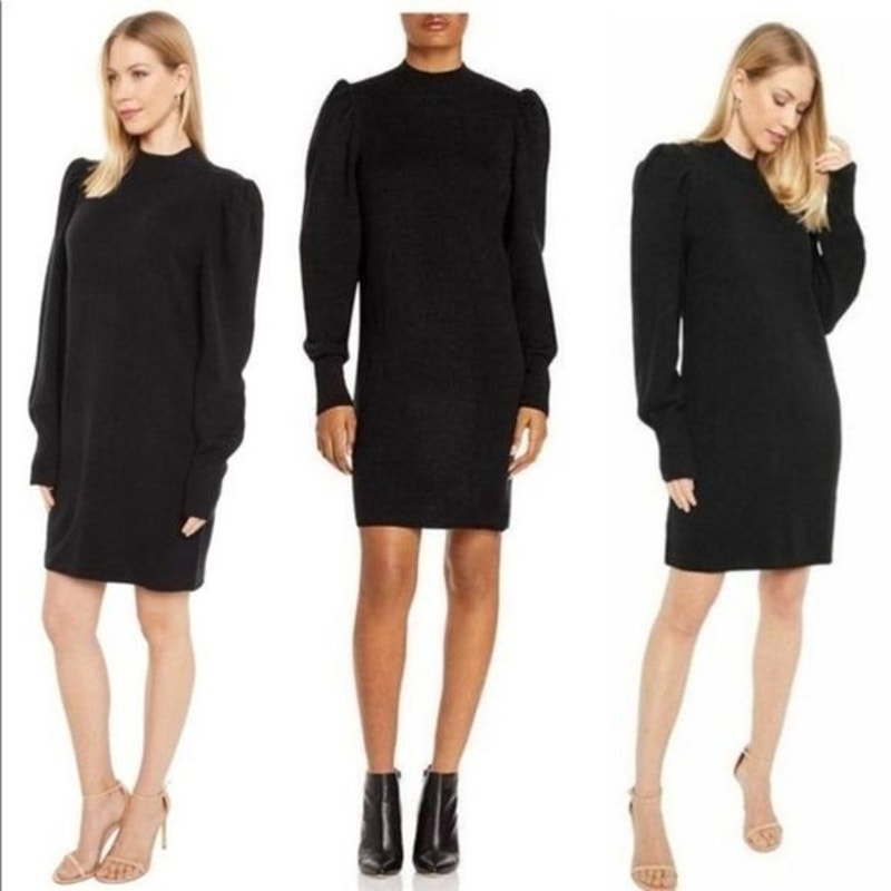WayF Lola Puff Sleeve Sweater Dress Small Black NEW Mock Neck Stretchy Stylish