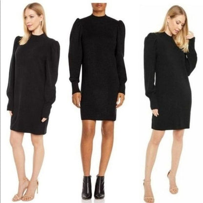 WayF Lola Puff Sleeve Sweater Dress Small Black NEW Mock Neck Stretchy Stylish