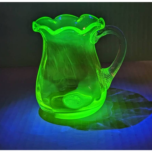 Vintage Uranium Glass Mini Vase handblown Handle JUG pitcher UV Reactive Tested