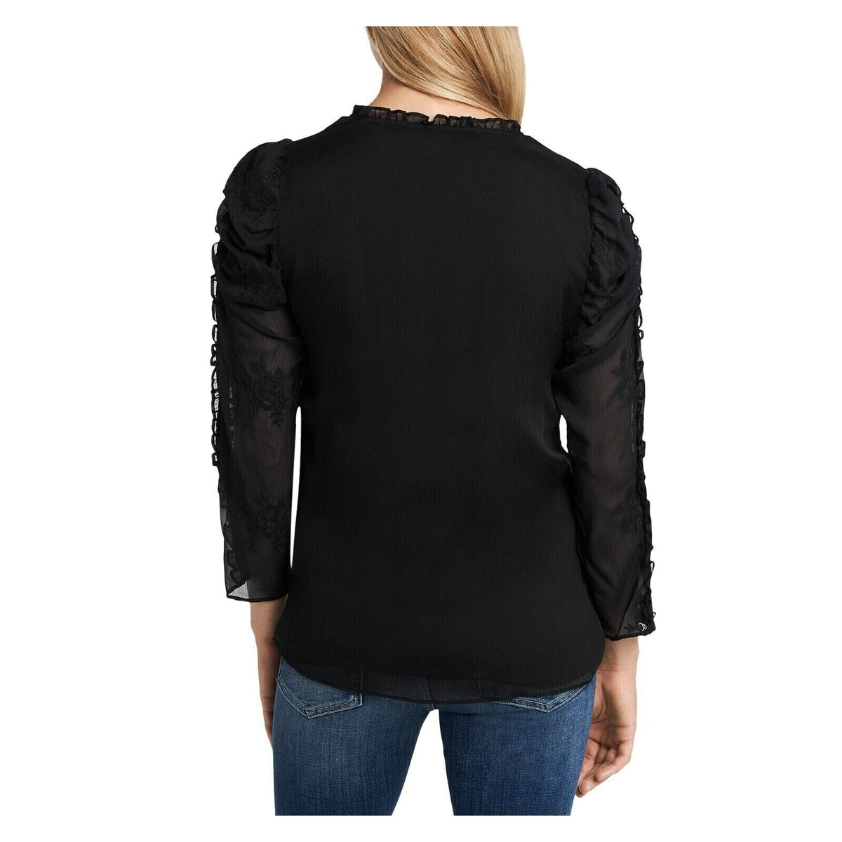 CECE Ruffled Sheer Lined Pullover Tie 3/4 Sleeve Blouse Small Black NWT Top
