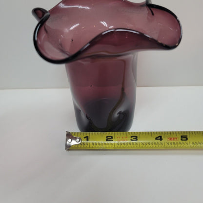 VTG BISCHOFF #512 Amethyst Pinched Flare Ruffled Thumbprint Handblown Glass Vase