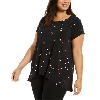 Alfani Sparse Dot Swing T-Shirt Blouse Short Sleeve Scoop Neck Black Size Small