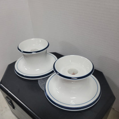 Dansk PAIR ceramic candleholders candle pillar or taper 6" White blue stripe
