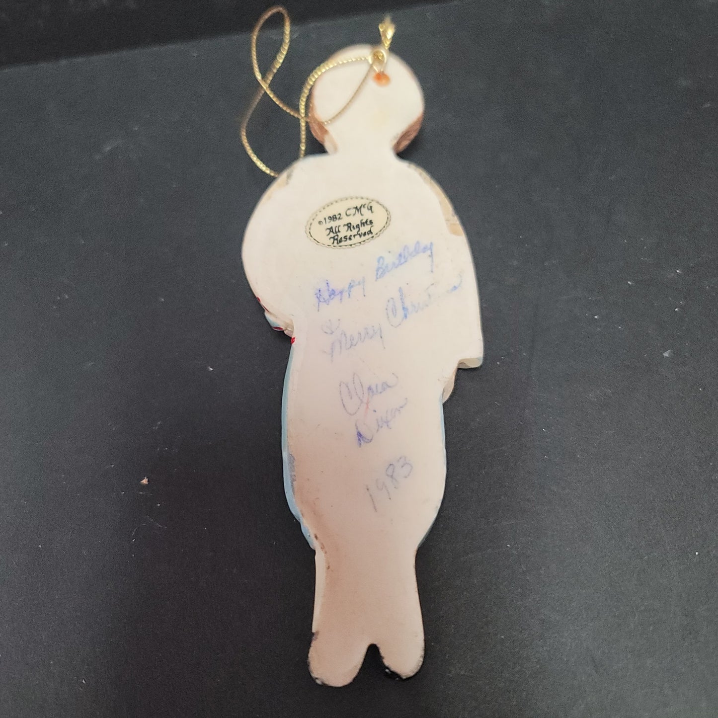 vINTAGE CHARLEE McGee chirstmas Ornament HandPainted 1982 Boy holding package