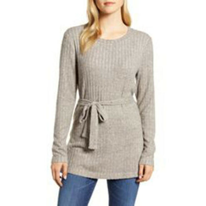 Bobeau Belted Cozy Ribbed Sweater Top Tunic Long Sleeves Beige Medium NWT