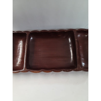 Vintage Solid Hardwood 3 Section Serving Tray Rectangular 14-3/4" Carved Walnut