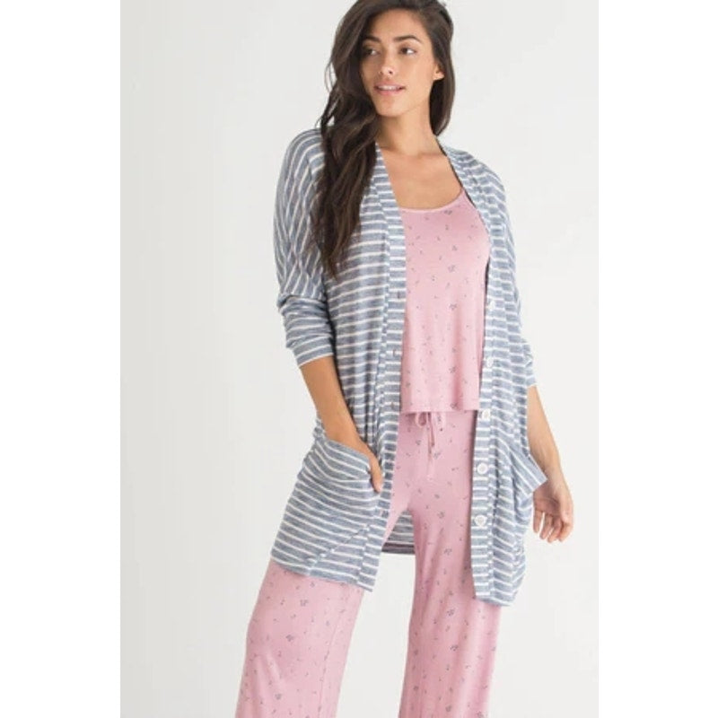 Honeydew Intimates R&R Lounge Cardigan Medium Summit Stripe Blue & White NEW