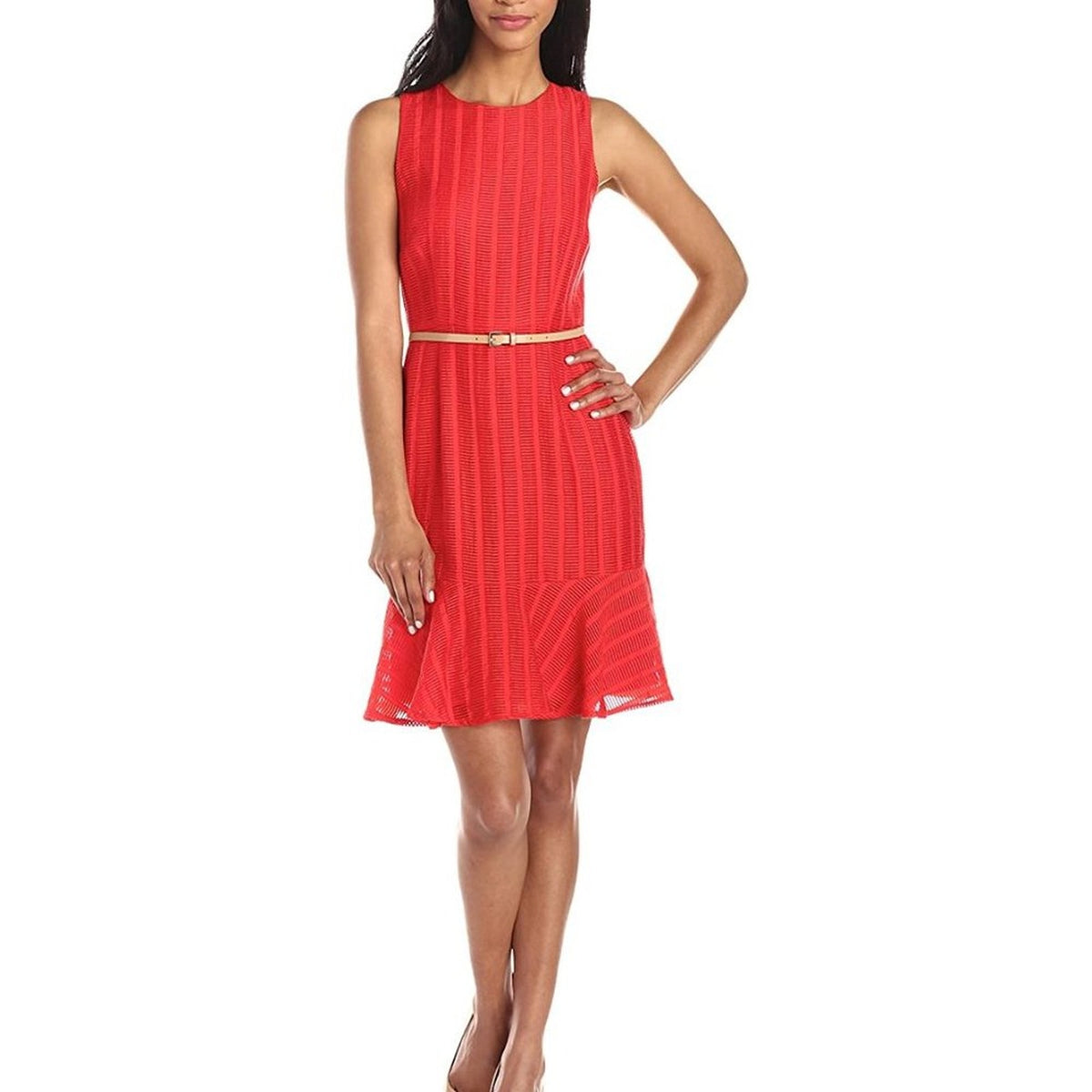 Donna Morgan Jacquard Dress Crew Neck Sleeveless Zipper Back Belted Red Size 6