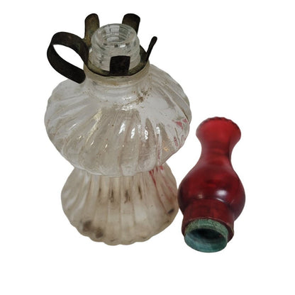 Vintage Mini Faux Oil Lamp Tiny Clear Base Red Chimney 3.5" tall glass plastic