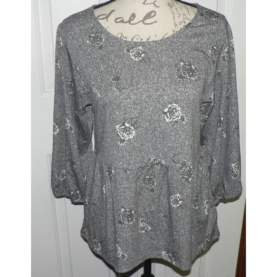 Bobeau Boho Blouse Large Whisper White Black NEW Babydoll Top Peplum 3/4 Sleeve