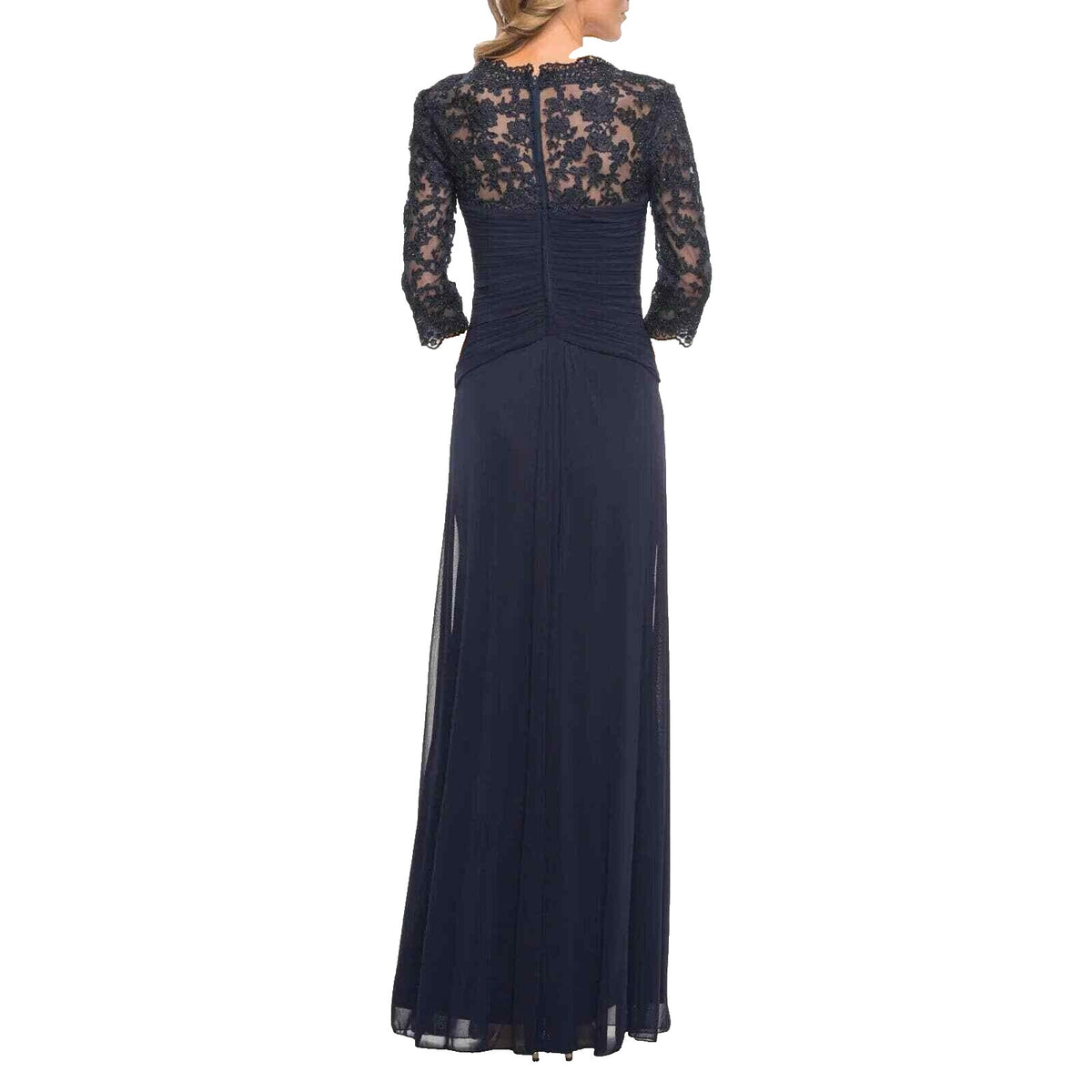 La Femme Sweetheart Neck Lace Sleeve Knot Detail Gown Dress Sz 18 Navy NWT 23244