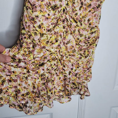 ASTR blush yellow Large Summer Dress floral Lined Flutter Short Sleeves Rouched
