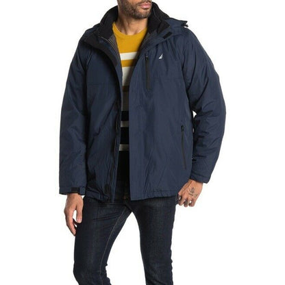 Nautica Shell & Quilted Liner Hooded Jacket Long Sleeves Water-Resistant Large