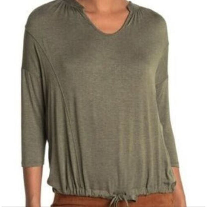H by Bordeaux Drawstring Waist 3/4 Sleeve Top Sz Medium in Green Heather NWT