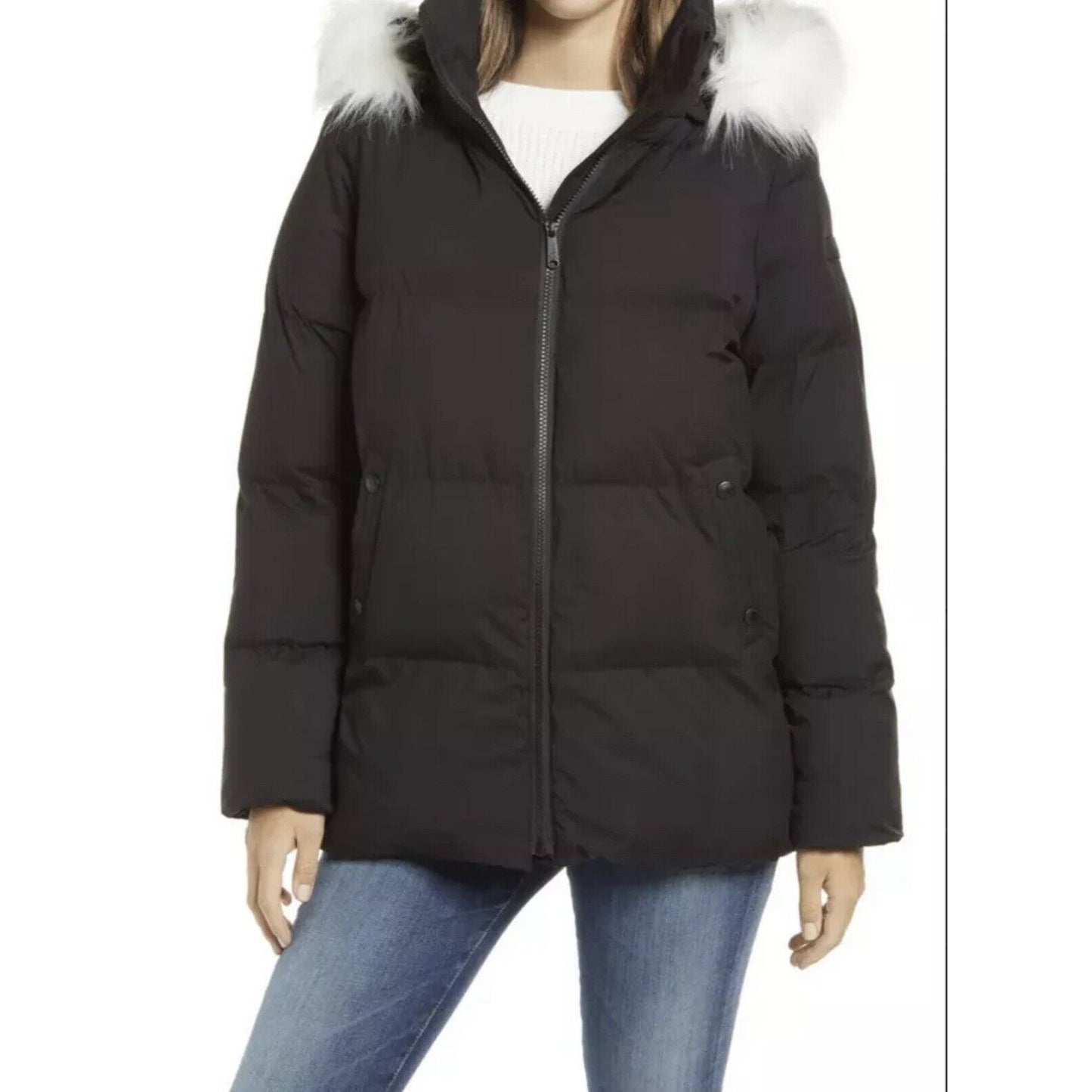 Sam Edelman Faux Fur Trimmed Hooded Zip Front Puffy Parka Size Medium Black NWT