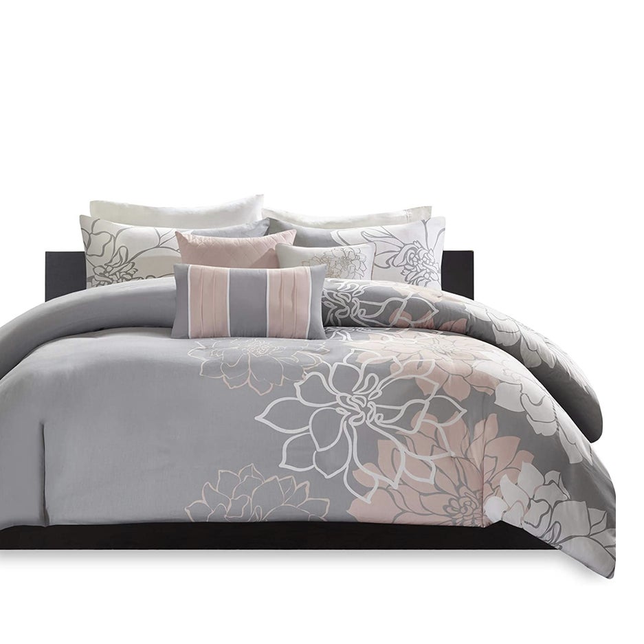 Madison Park Lola Queen Comforter shams skirt pillows Set Grey/Pink/White  NEW