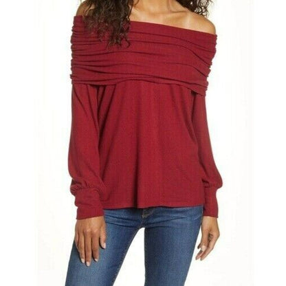 Gibson Look Women's Off Shoulder Cowl Pullover Tunic Top XXS Wine NWT High Low