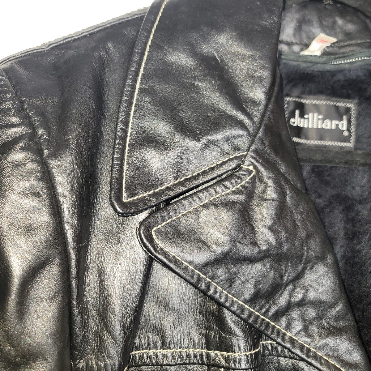Juilliard Leather Vintage 1970 Lg. Lapel black white stitching Sz 38 Coat Jacket