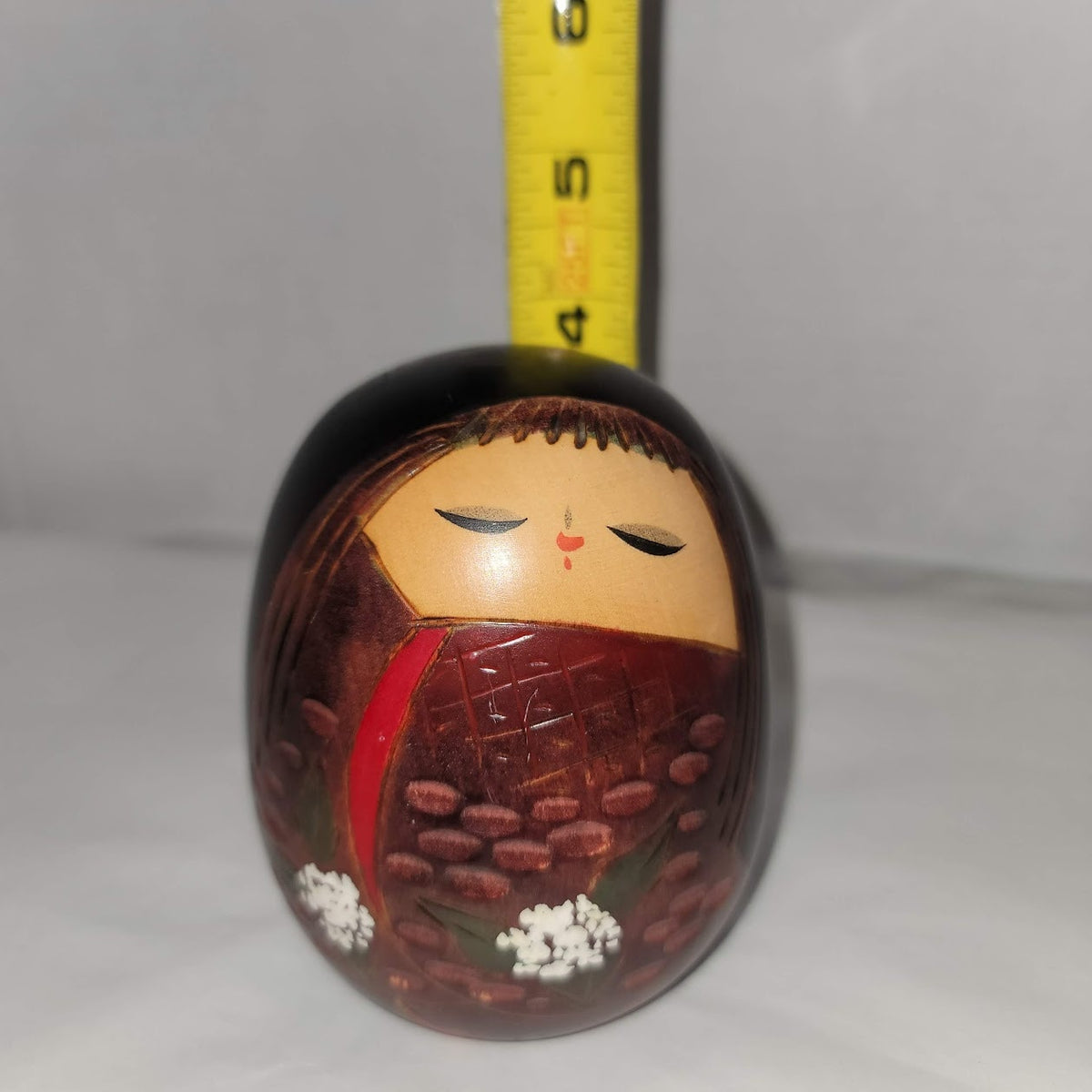 Kokeshi Baby Japanese Signed Wood 4" tall hand painted Carved