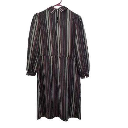 Vintage Long Sleeve Black Striped Elastic Waist Pockets Shirt Dress Modesty