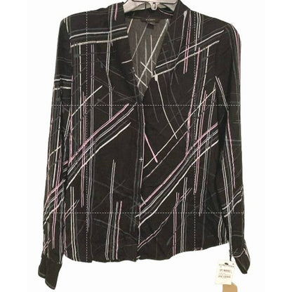 Halogen Hidden Button Long Sleeve V-Neck Top Sz XS/Extra Small Black Multi NWT