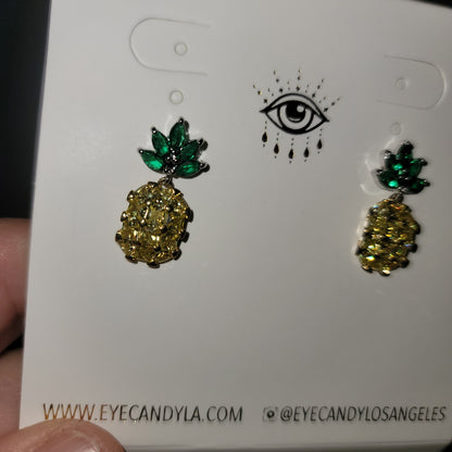 Eye Candy Lux CRUISING Pineapple Earrings Yellow Green Rhinestone Studs New