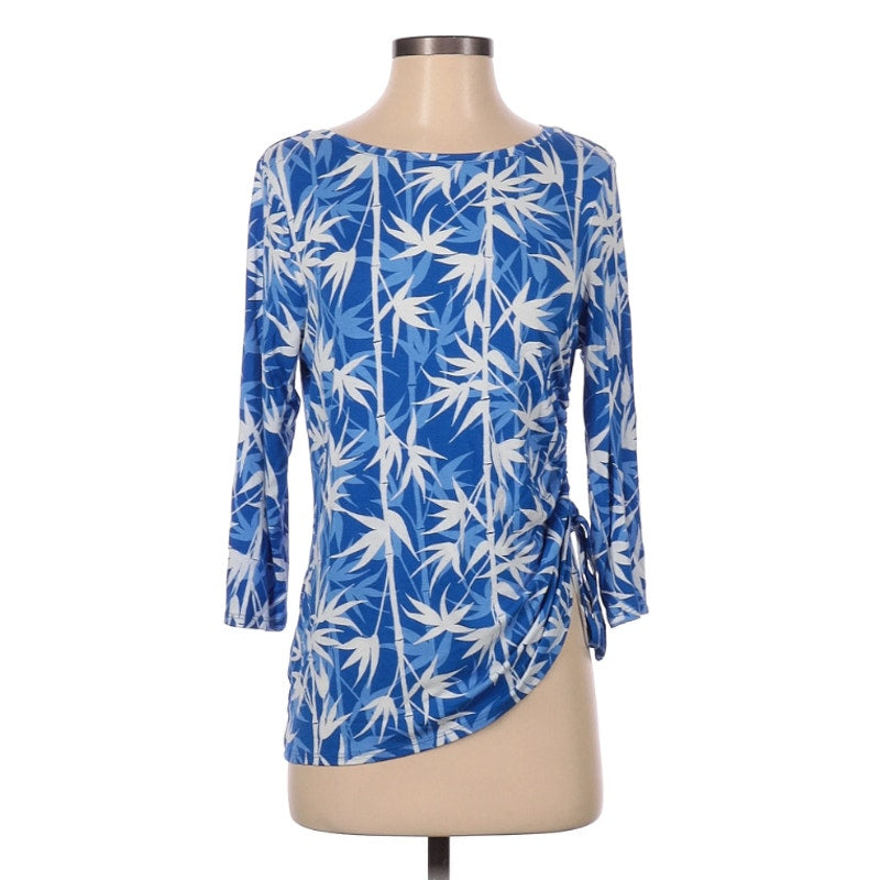 Ruby Rd. 3/4 Sleeve Top Size SMALL Blue White Floral Tropical Pattern Women Top