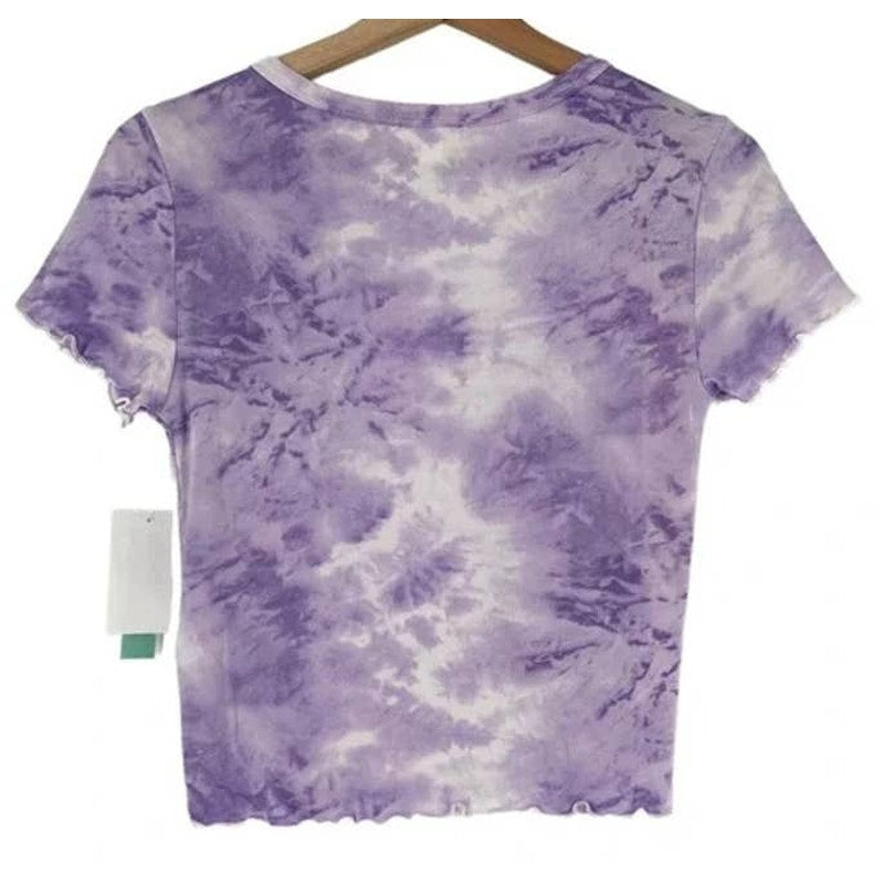 Abound Lettuce Edge Crop Button Trim Scoop Neck Top Sz Large Purple Tie Dye NWT