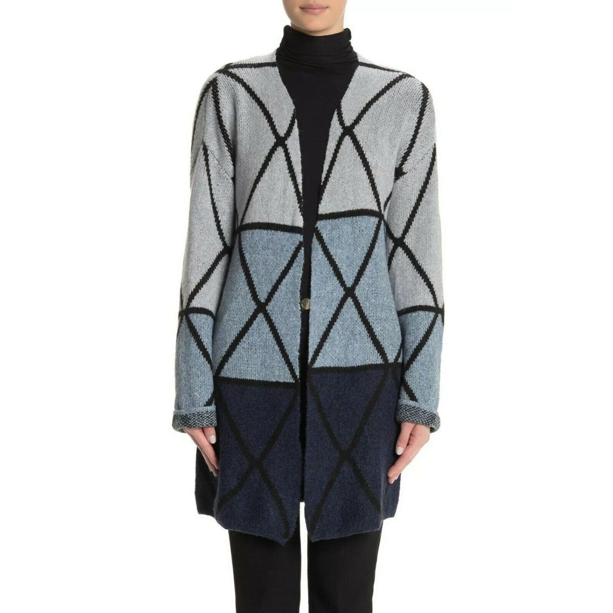 JOSEPH A Ombre Grid Cardigan XS Open Front Geometric Colorblock Blue Combo NWT