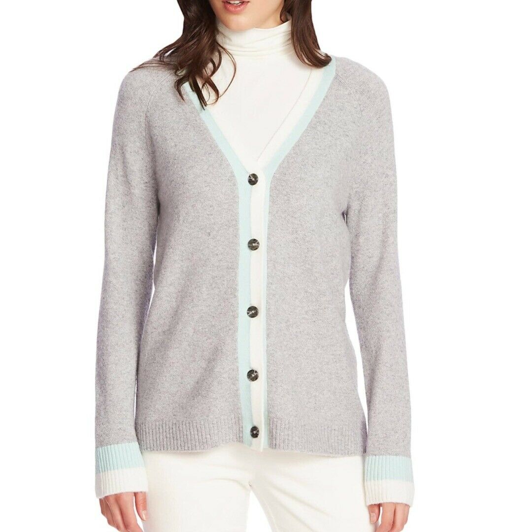 Court & Rowe Stripe Trim Button Front Cardigan Long Sleeve V-Neck Gray SZ Small