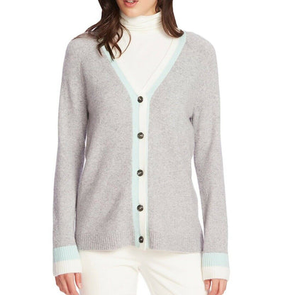 Court & Rowe Stripe Trim Button Front Cardigan Long Sleeve V-Neck Gray SZ Small