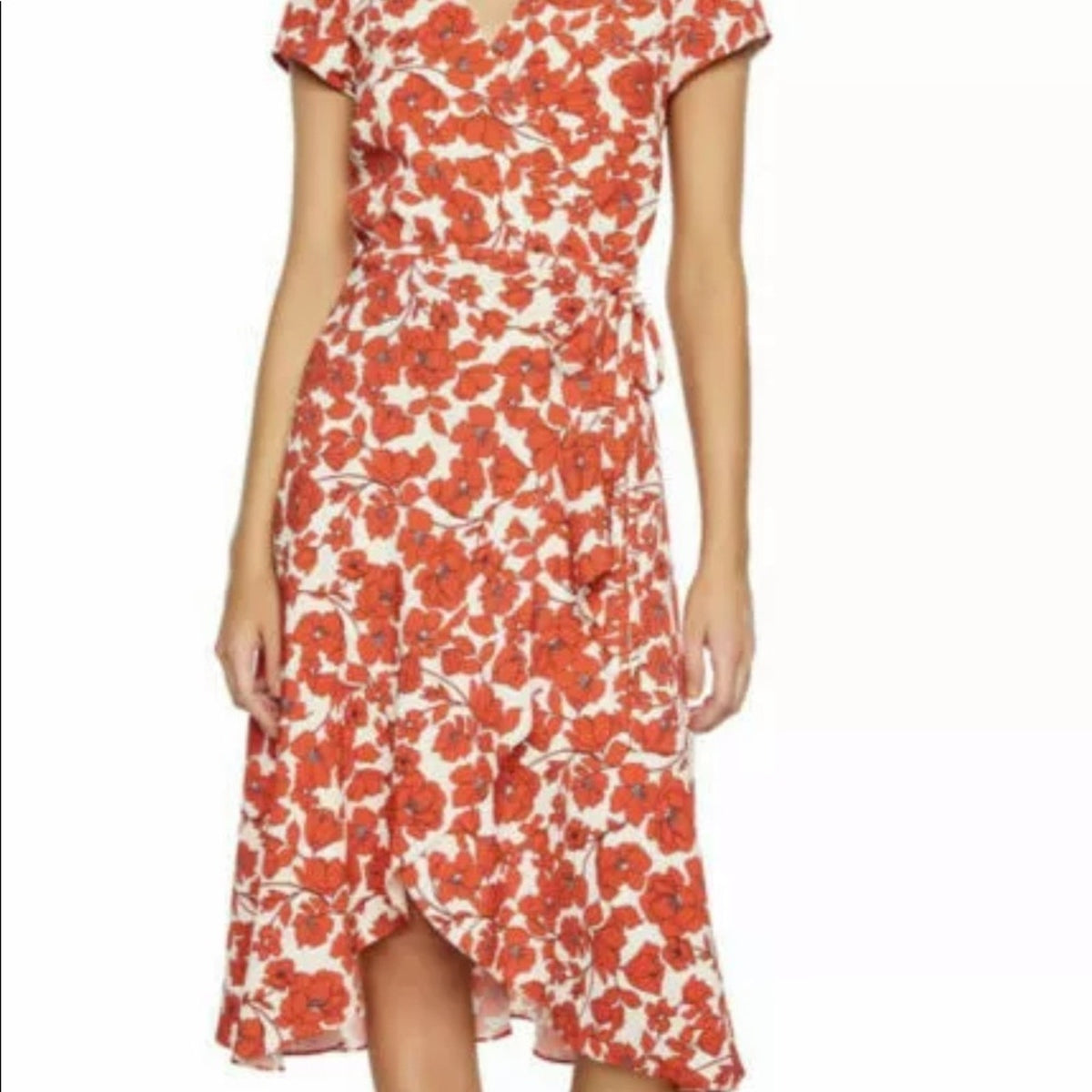 Bardot Sz 12 Red/White Fiesta Floral Faux Wrap Ruffle Short Sleeve Casual Dress