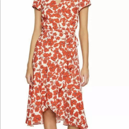 Bardot Sz 12 Red/White Fiesta Floral Faux Wrap Ruffle Short Sleeve Casual Dress