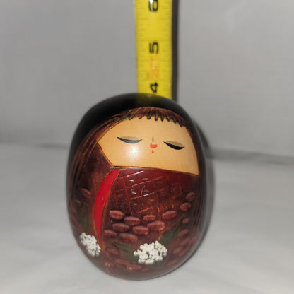 baby child Egg shaped wood Kokeshi doll Japan Etched Sleeping Signed Stamped RED