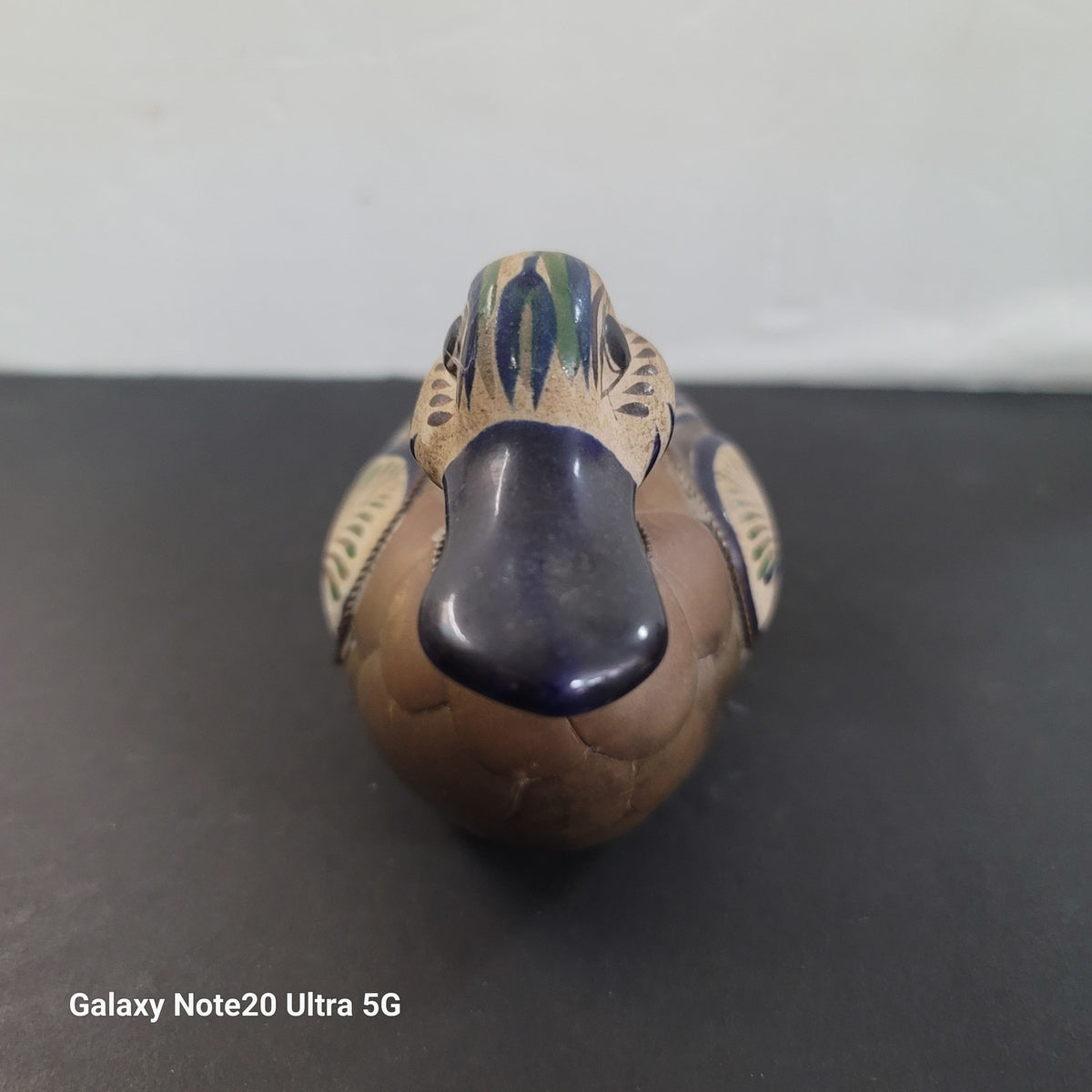 Vintage Tonala Mexican Folk Art Pottery Armored Duck Brass Feathers Hand Painted