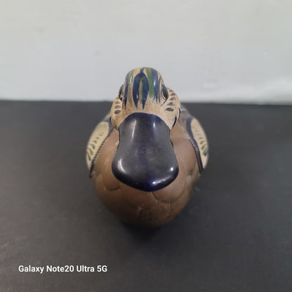 Vintage Tonala Mexican Folk Art Pottery Armored Duck Brass Feathers Hand Painted