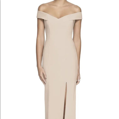 DESSY COLLECTION Size 8 Off-The-Shoulder Criss Cross Back Trumpet Gown In Cameo