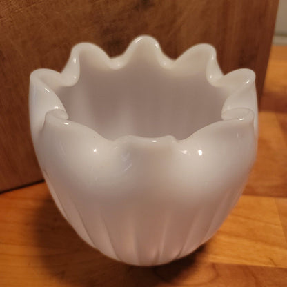 Vintage, Milk Glass Vase, Inward Pinched Ruffle Rim, Rose Bowl, Opalescent
