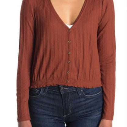 Abound Pointelle Knit Crop V-Neck Sweater Large Cardigan Rust Button front
