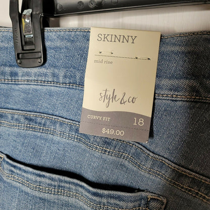 Style & Co Curvy Skinny Leg Jeans Distressed Mid Rise Fly Button Blue 18 Destroy