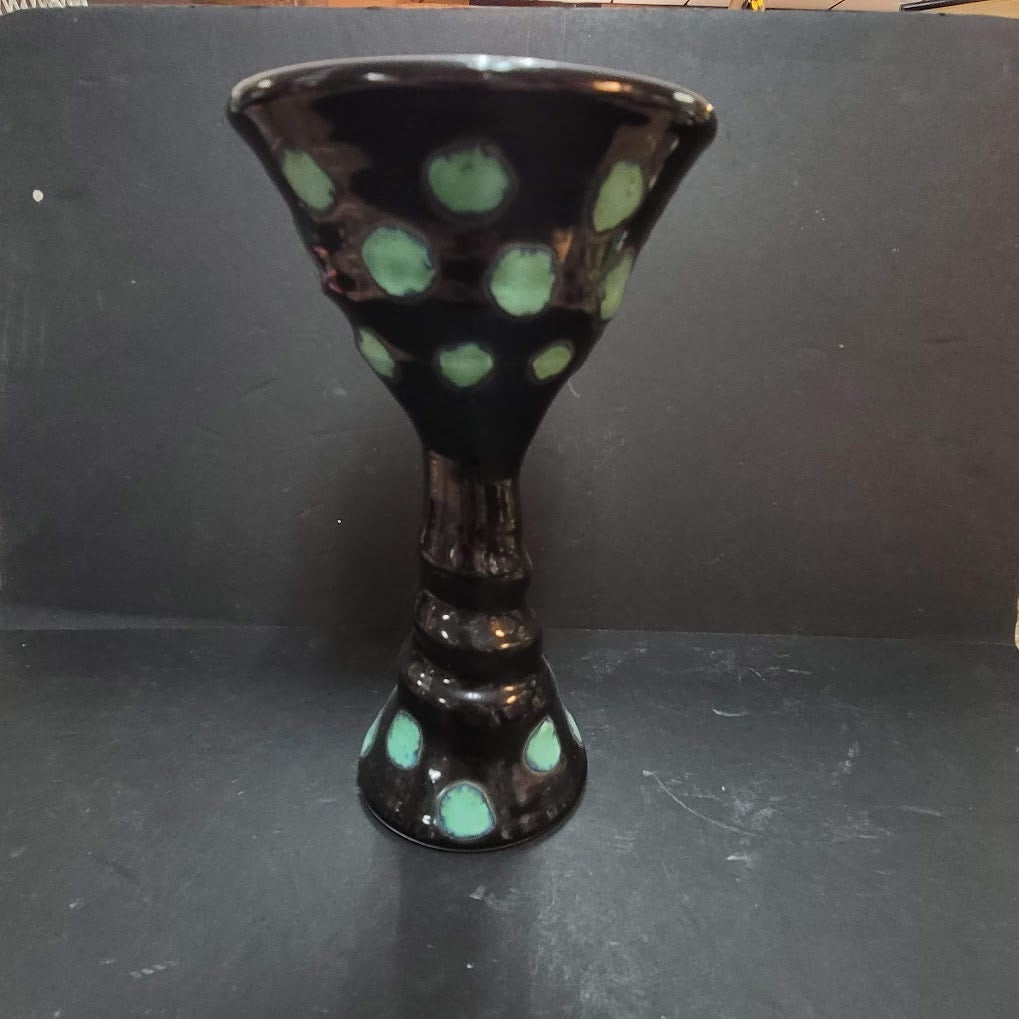 Art Pottery Challis Tall black spotted Artist Signed goblet cup tall blue WHIMSY