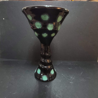 Art Pottery Challis Tall black spotted Artist Signed goblet cup tall blue WHIMSY