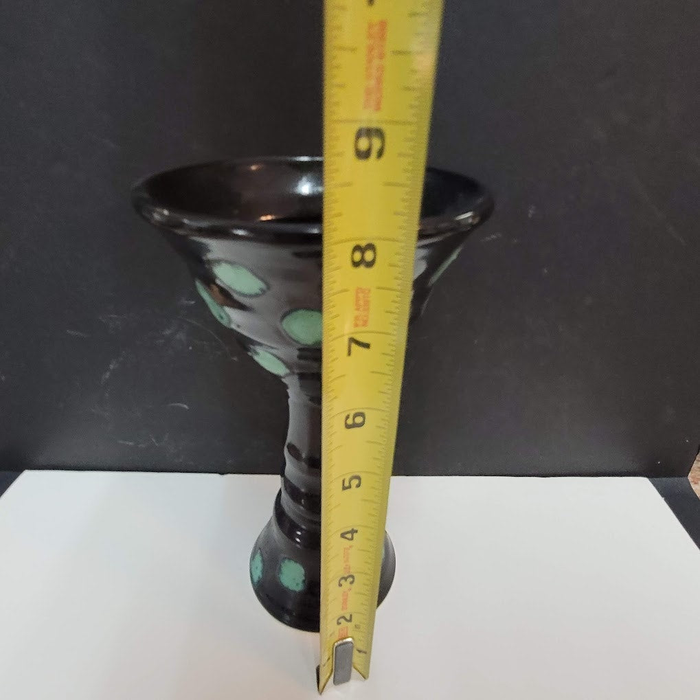 Art Pottery Challis Tall black spotted Artist Signed goblet cup tall blue WHIMSY