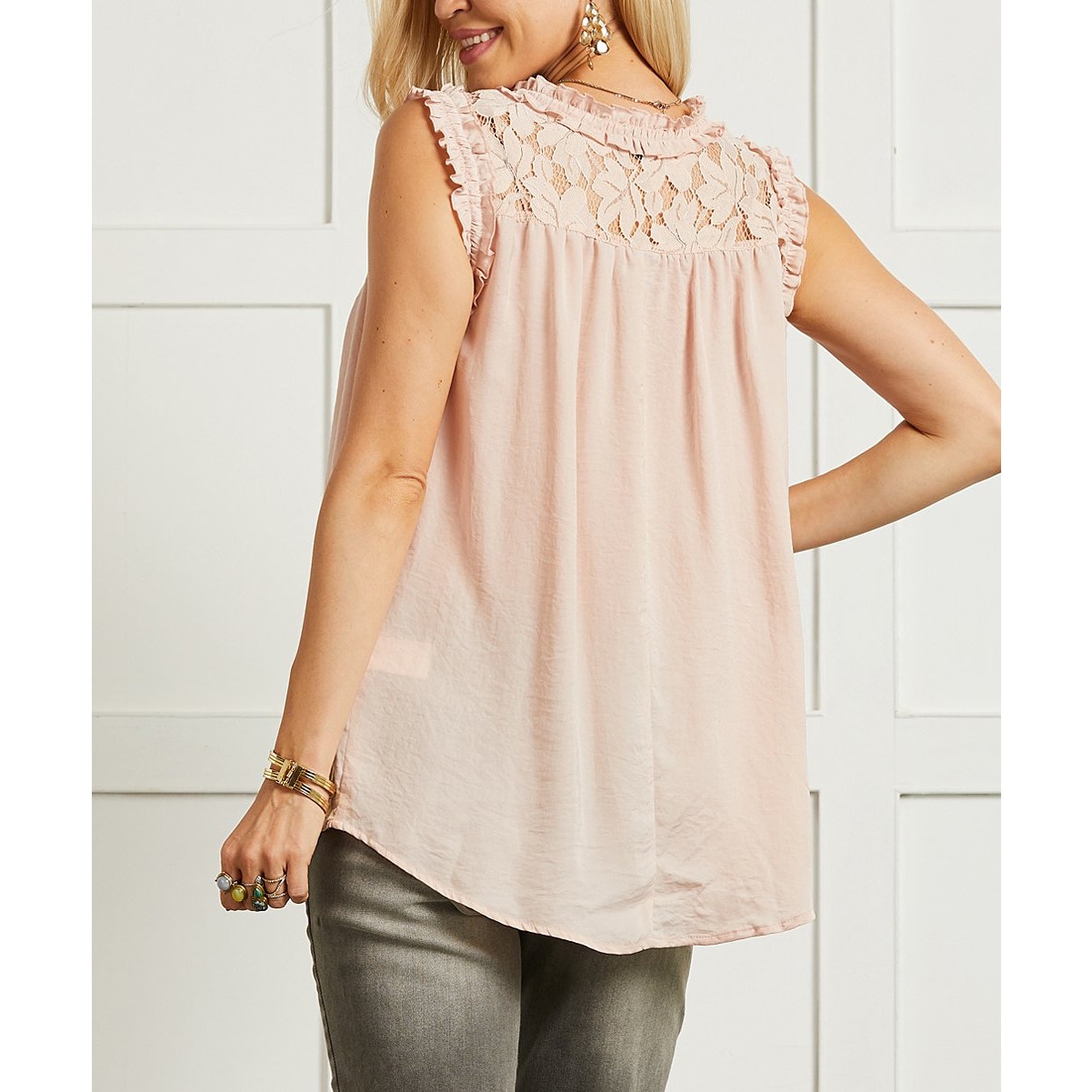 Suzanne Betro Smocked Lace-Yoke Ruffle-Trim Sleeveless Tunic Dusty Pink X-Large